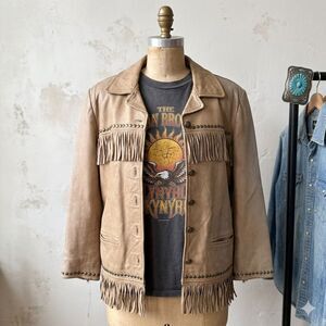 Vtg 90s Western Leather Fringe Jacket Studded Unisex Medium Stagecoach Coachella